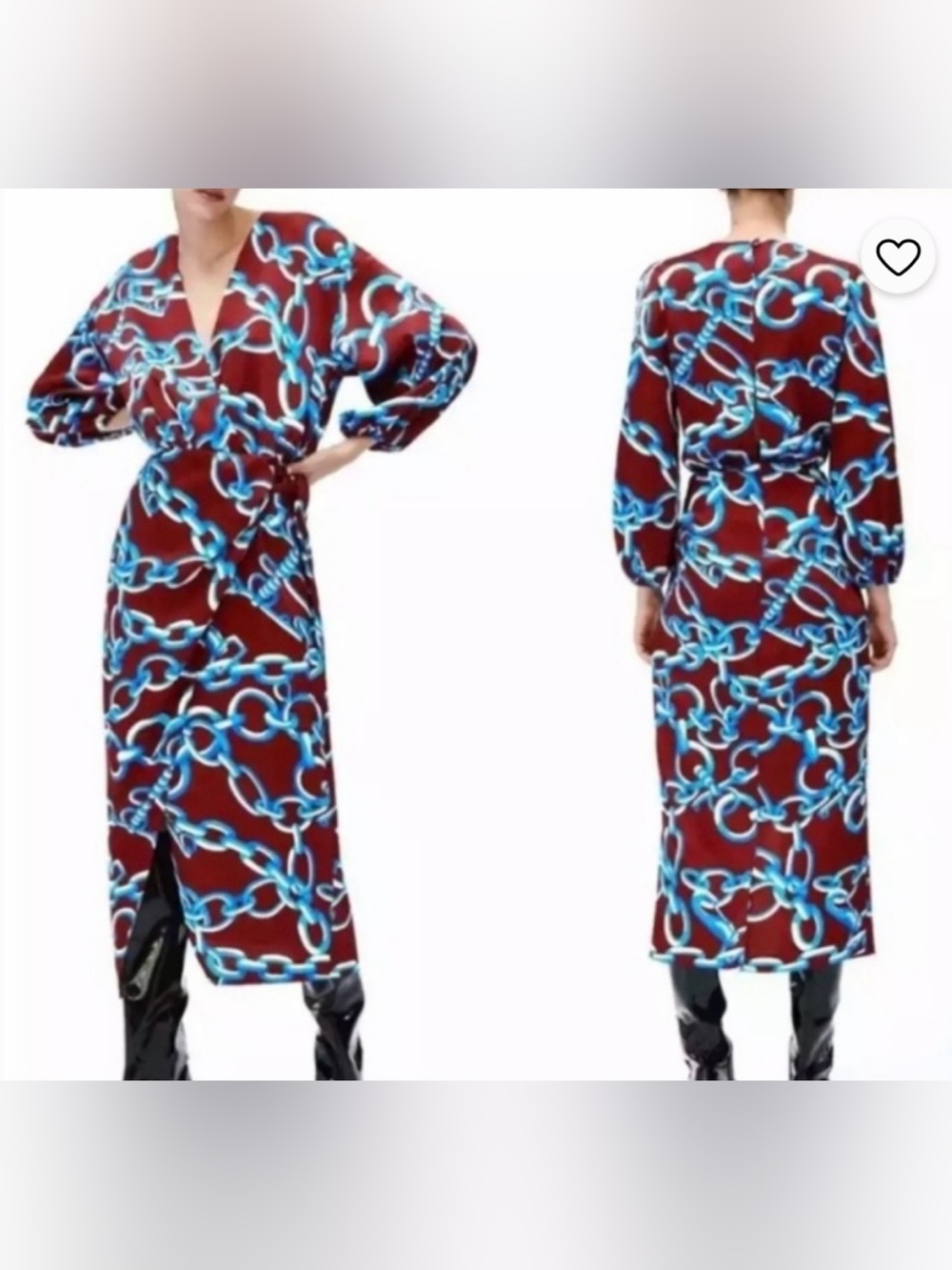 ZARA Chain Print Satin Midi Wrap Dress Size XS NWT